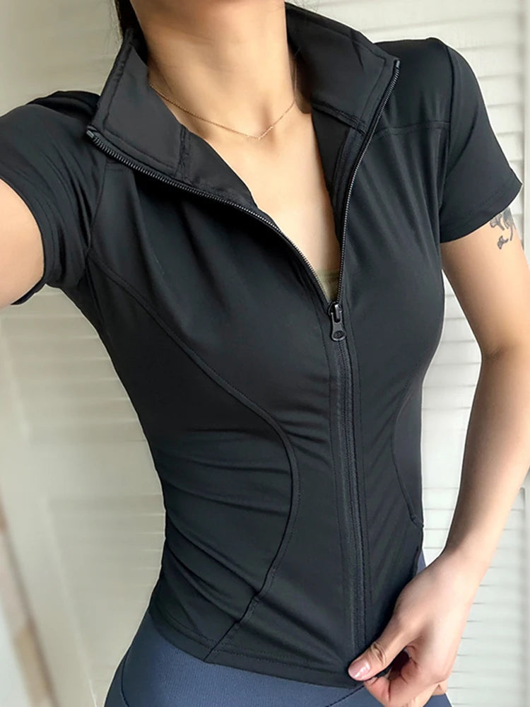Women’s Slim Fit Stand Collar Yoga Top – Zip-Up Short Sleeve Training Shirt