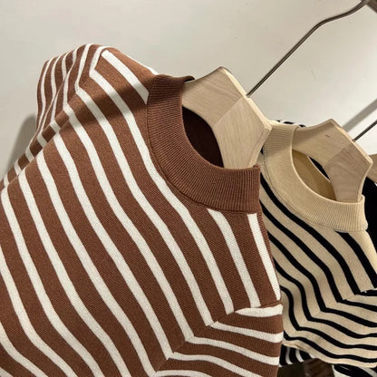 Women’s Striped Mock Neck Knit Top – Slim Fit Cropped Sweater Tee
