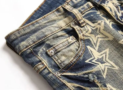 Men’s Distressed Slim Fit Jeans – Punk Rock Star Print Streetwear Denim