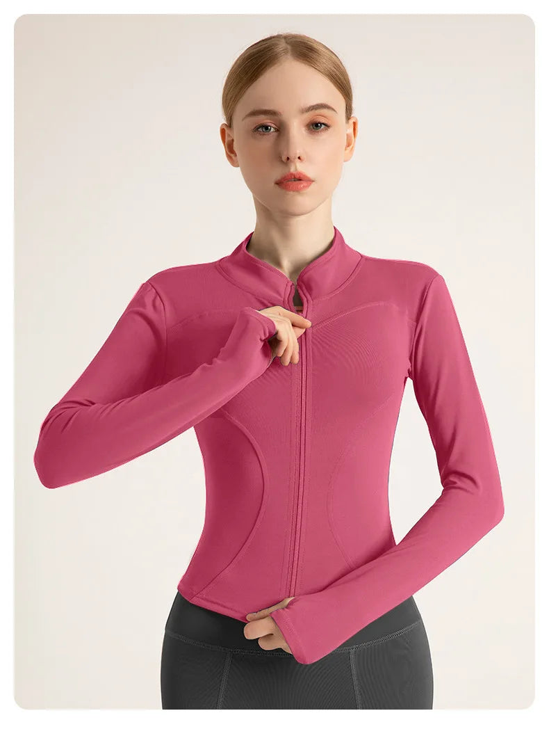Women’s Stand Collar Yoga Jacket – Slim Fit Zip-Up Gym & Pilates Top with Thumb Holes
