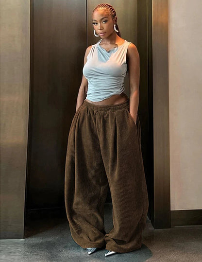 Y2K Wide-Leg Corduroy Pants – High Waist Oversized Streetwear Trousers