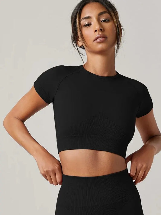 Women’s Seamless Yoga Crop Top – Short Sleeve Slim Fit Gym & Running Tee