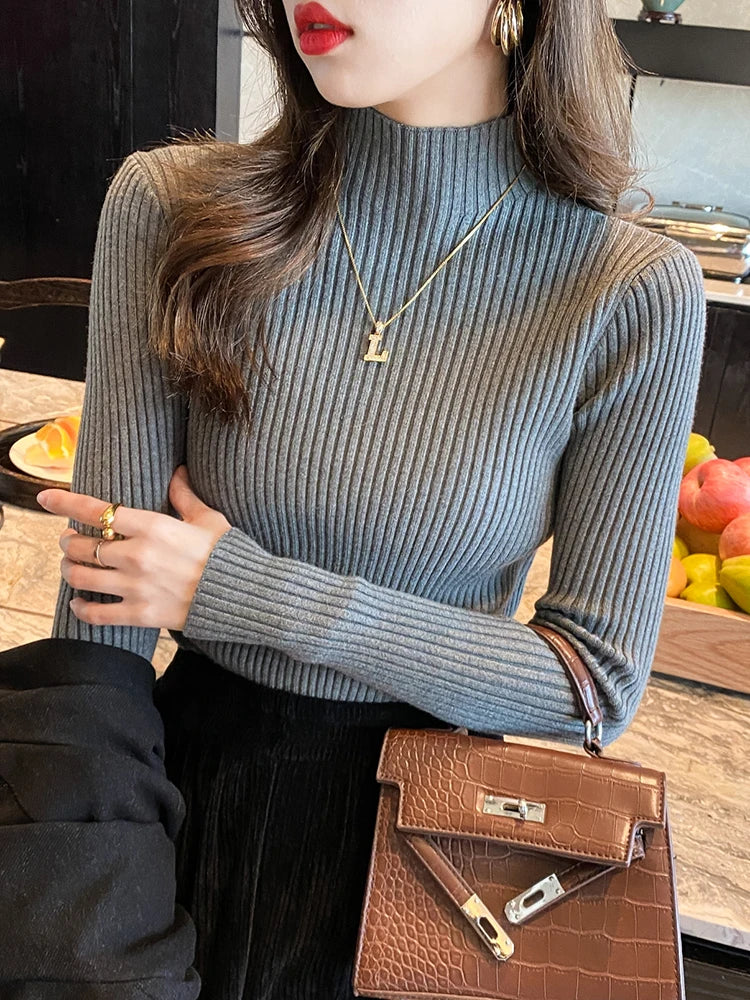 Women’s Minimal Mock Neck Knit Top – Slim Fit Long Sleeve Sweater