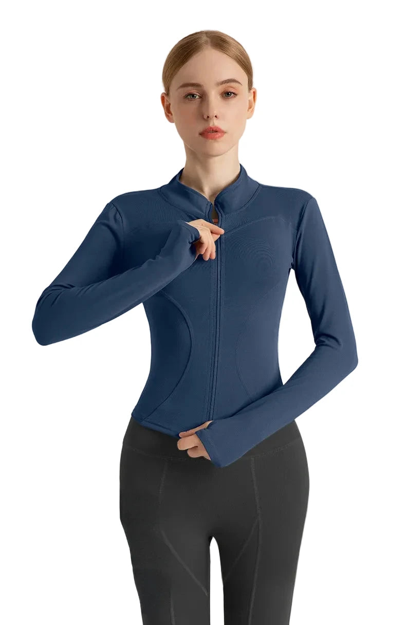 Women’s Stand Collar Yoga Jacket – Slim Fit Zip-Up Gym & Pilates Top with Thumb Holes