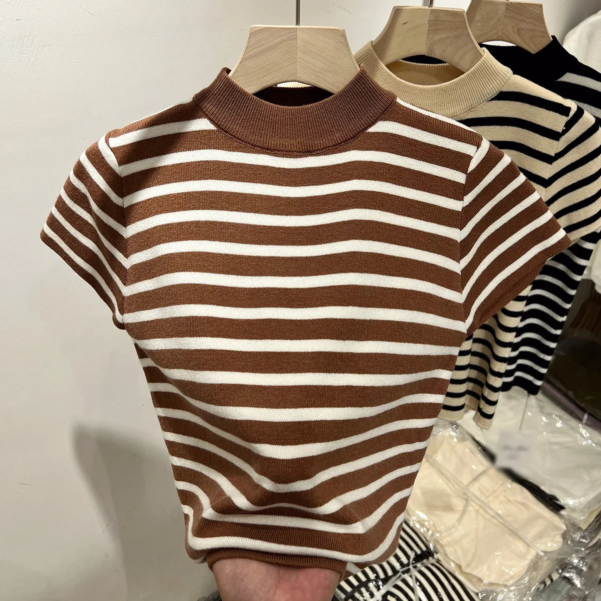 Women’s Striped Mock Neck Knit Top – Slim Fit Cropped Sweater Tee