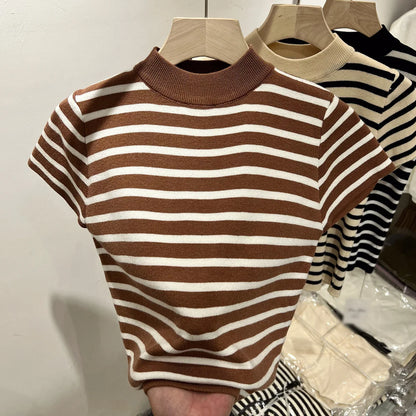 Women’s Striped Mock Neck Knit Top – Slim Fit Cropped Sweater Tee