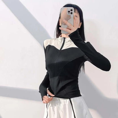 Women’s Stand Collar Yoga Jacket – Slim Fit Zip-Up Gym & Pilates Top with Thumb Holes