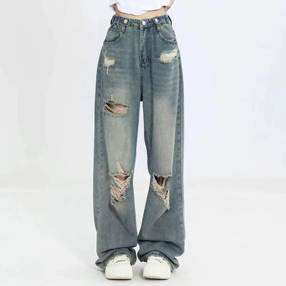 American Retro Hole-Punched Jeans – High Waist Wide Leg Distressed Streetwear Denim