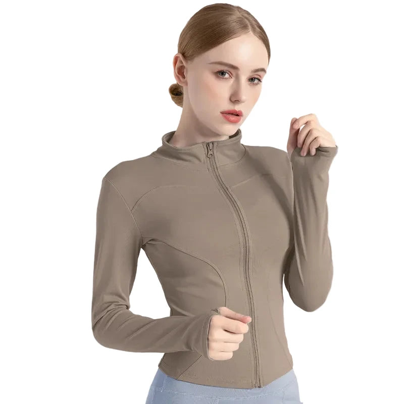 Women’s Stand Collar Yoga Jacket – Slim Fit Zip-Up Gym & Pilates Top with Thumb Holes