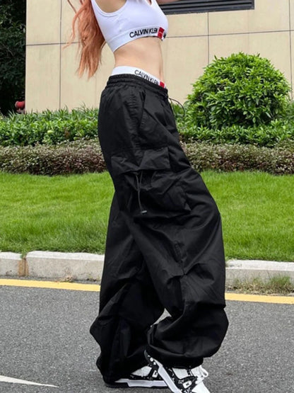 Y2K Black Parachute Cargo Pants – Oversized Wide Leg Streetwear Trousers