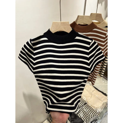 Women’s Striped Mock Neck Knit Top – Slim Fit Cropped Sweater Tee