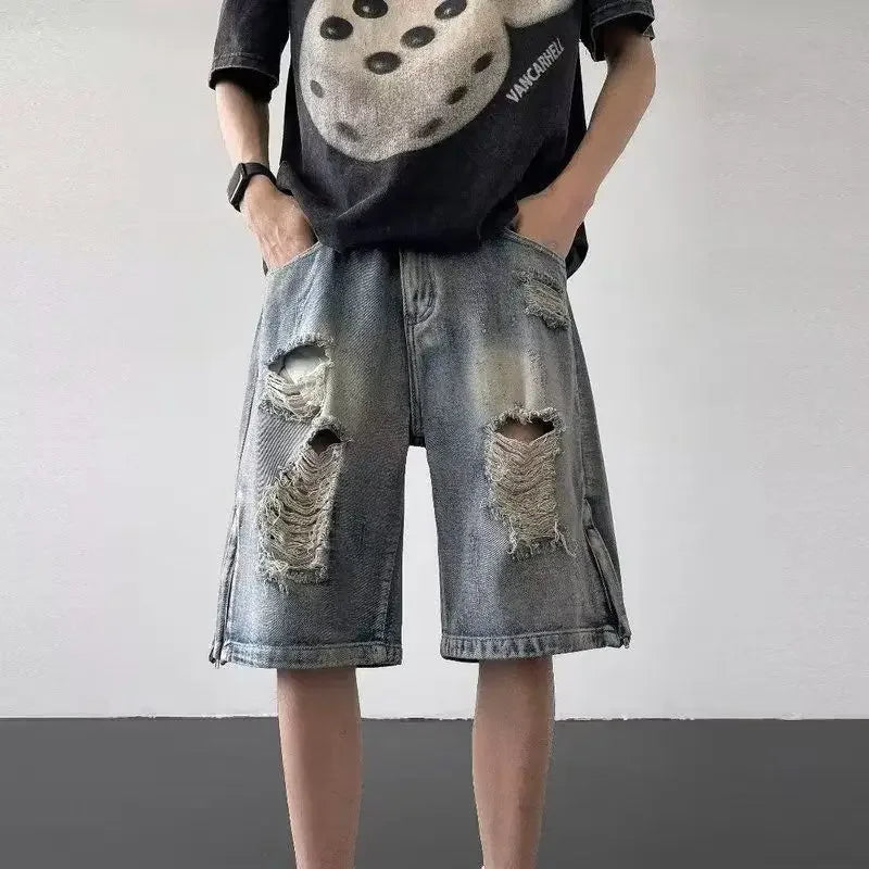 Men’s Ripped Denim Bermuda Shorts – Gothic Streetwear Knee-Length Jorts
