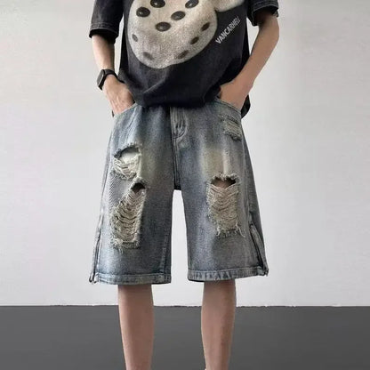 Men’s Ripped Denim Bermuda Shorts – Gothic Streetwear Knee-Length Jorts