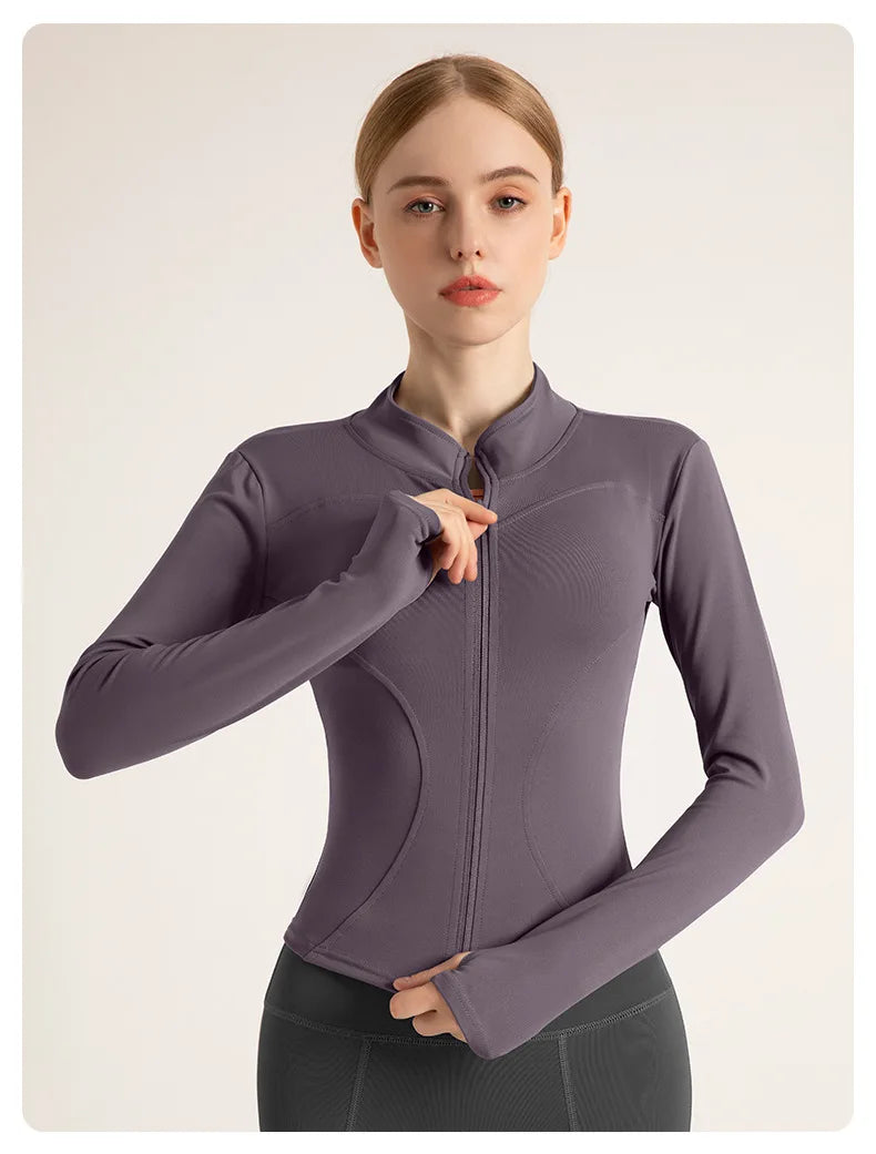 Women’s Stand Collar Yoga Jacket – Slim Fit Zip-Up Gym & Pilates Top with Thumb Holes