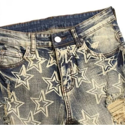 Men’s Distressed Slim Fit Jeans – Punk Rock Star Print Streetwear Denim