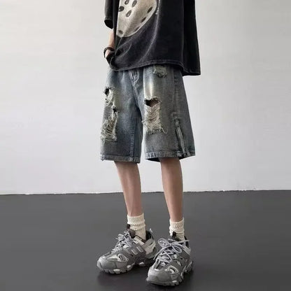 Men’s Ripped Denim Bermuda Shorts – Gothic Streetwear Knee-Length Jorts