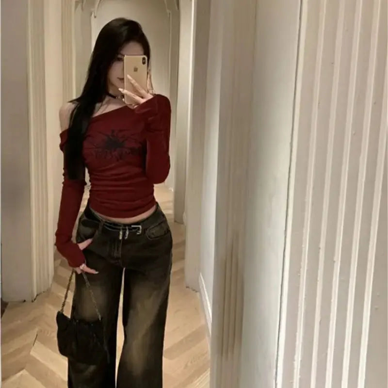 Y2K Gothic Off-Shoulder Top – Grunge Fairycore Long Sleeve Tee