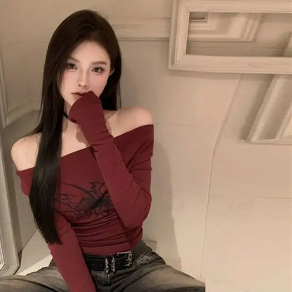 Y2K Gothic Off-Shoulder Top – Grunge Fairycore Long Sleeve Tee