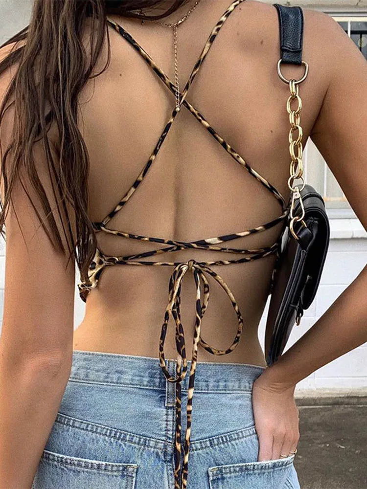 Leopard Lace-Up Crop Top – Backless Rave Streetwear Tank