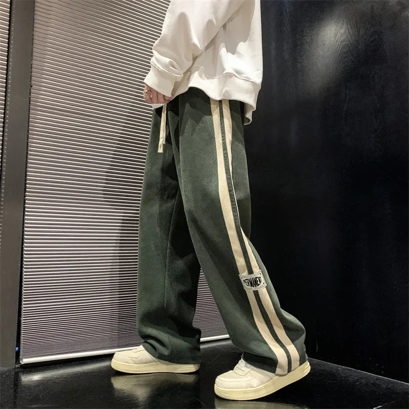 Men’s Wide-Leg Corduroy Pants – Korean Streetwear Striped Loose Trousers