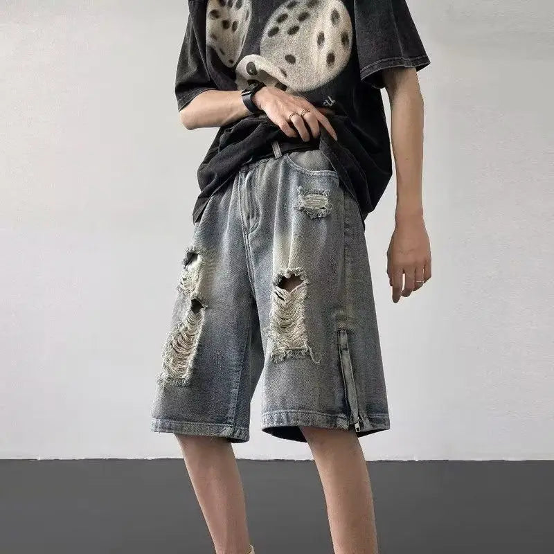 Men’s Ripped Denim Bermuda Shorts – Gothic Streetwear Knee-Length Jorts