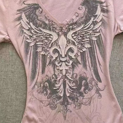 Y2K Vintage V-Neck Graphic T-Shirt – Punk Chic Streetwear Tee