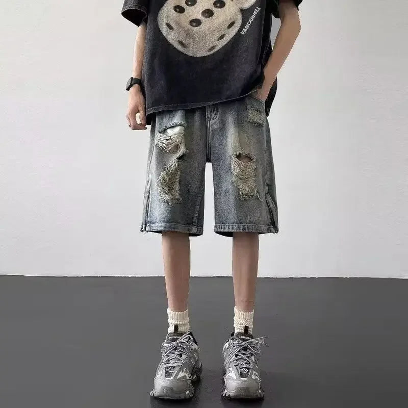 Men’s Ripped Denim Bermuda Shorts – Gothic Streetwear Knee-Length Jorts