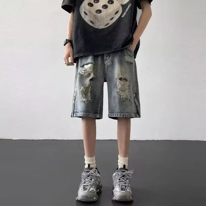 Men’s Ripped Denim Bermuda Shorts – Gothic Streetwear Knee-Length Jorts