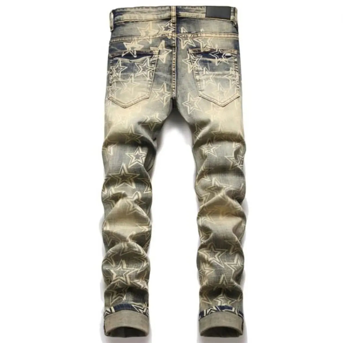 Men’s Distressed Slim Fit Jeans – Punk Rock Star Print Streetwear Denim