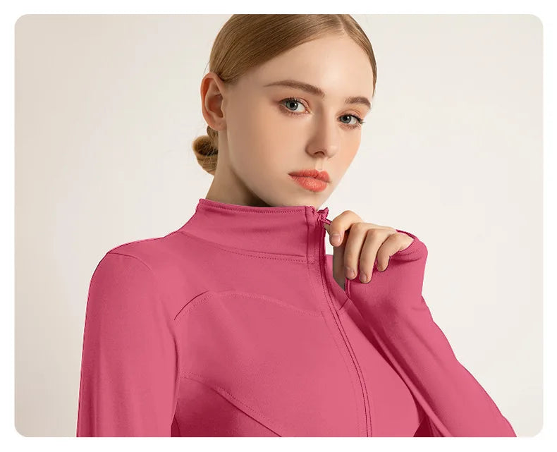 Women’s Stand Collar Yoga Jacket – Slim Fit Zip-Up Gym & Pilates Top with Thumb Holes