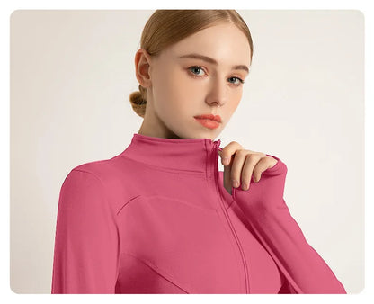 Women’s Stand Collar Yoga Jacket – Slim Fit Zip-Up Gym & Pilates Top with Thumb Holes