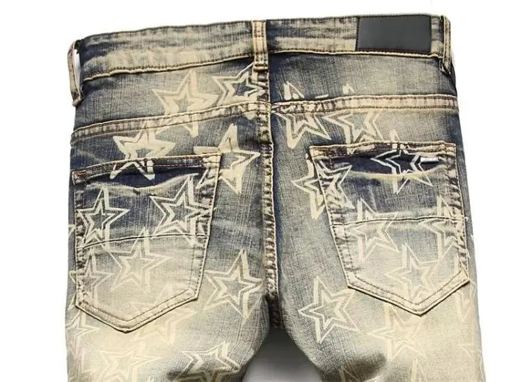 Men’s Distressed Slim Fit Jeans – Punk Rock Star Print Streetwear Denim