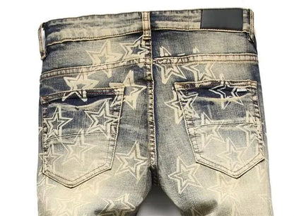 Men’s Distressed Slim Fit Jeans – Punk Rock Star Print Streetwear Denim