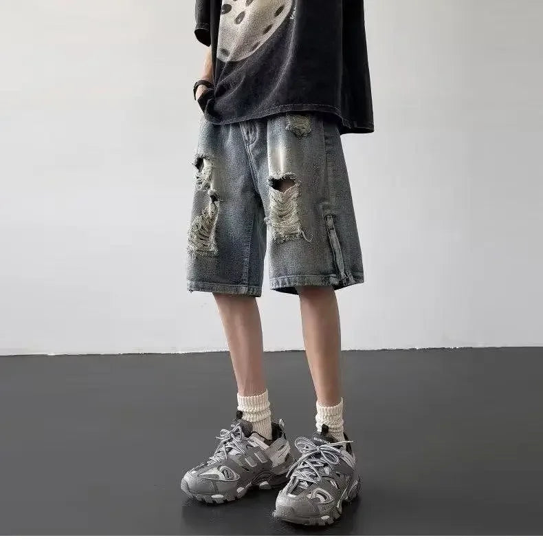 Men’s Ripped Denim Bermuda Shorts – Gothic Streetwear Knee-Length Jorts