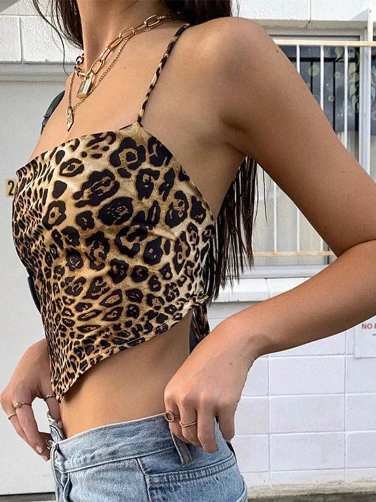 Leopard Lace-Up Crop Top – Backless Rave Streetwear Tank