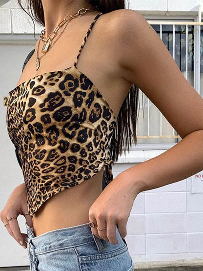 Leopard Lace-Up Crop Top – Backless Rave Streetwear Tank