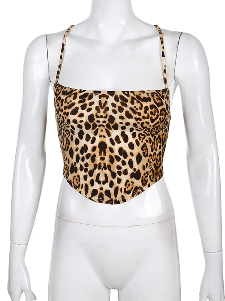 Leopard Lace-Up Crop Top – Backless Rave Streetwear Tank