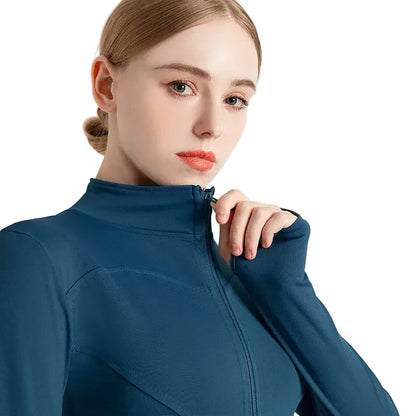 Women’s Stand Collar Yoga Jacket – Slim Fit Zip-Up Gym & Pilates Top with Thumb Holes