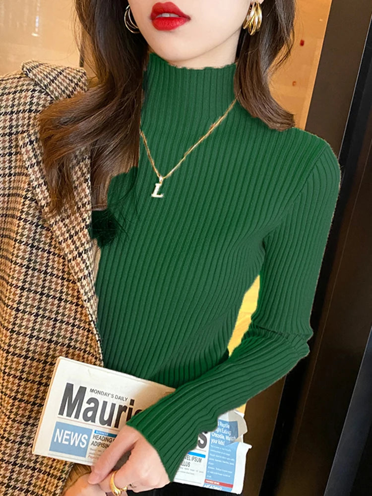 Women’s Minimal Mock Neck Knit Top – Slim Fit Long Sleeve Sweater