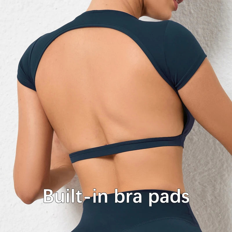 Women’s Backless Sports Crop Top – Slim Fit Yoga & Gym Training Shirt