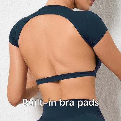 Women’s Backless Sports Crop Top – Slim Fit Yoga & Gym Training Shirt
