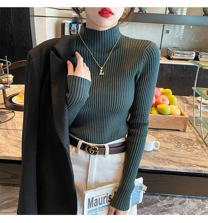 Women’s Minimal Mock Neck Knit Top – Slim Fit Long Sleeve Sweater