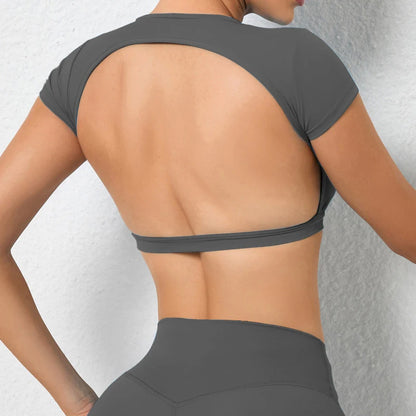 Women’s Backless Sports Crop Top – Slim Fit Yoga & Gym Training Shirt