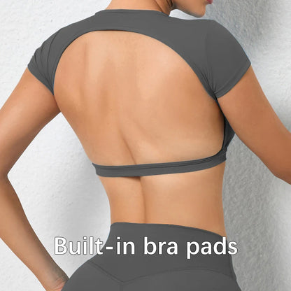 Women’s Backless Sports Crop Top – Slim Fit Yoga & Gym Training Shirt
