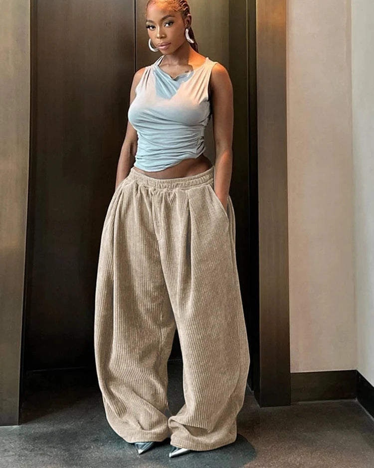 Y2K Wide-Leg Corduroy Pants – High Waist Oversized Streetwear Trousers