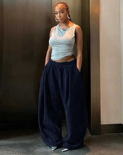 Y2K Wide-Leg Corduroy Pants – High Waist Oversized Streetwear Trousers