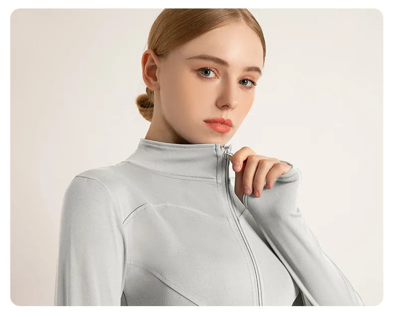 Women’s Stand Collar Yoga Jacket – Slim Fit Zip-Up Gym & Pilates Top with Thumb Holes