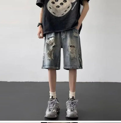 Men’s Ripped Denim Bermuda Shorts – Gothic Streetwear Knee-Length Jorts