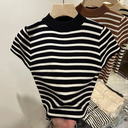 Women’s Striped Mock Neck Knit Top – Slim Fit Cropped Sweater Tee