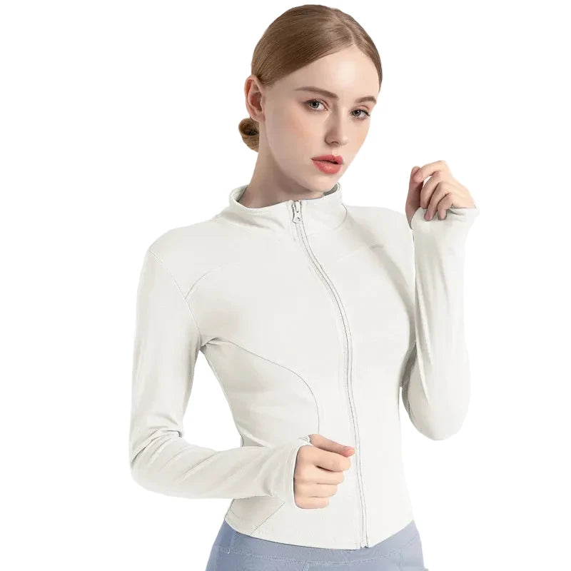 Women’s Stand Collar Yoga Jacket – Slim Fit Zip-Up Gym & Pilates Top with Thumb Holes